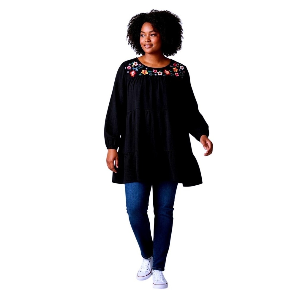 ODDI Black Embroidered Floral Tiered Boho Peasant Casual Tunic Top Plus Size 1XL